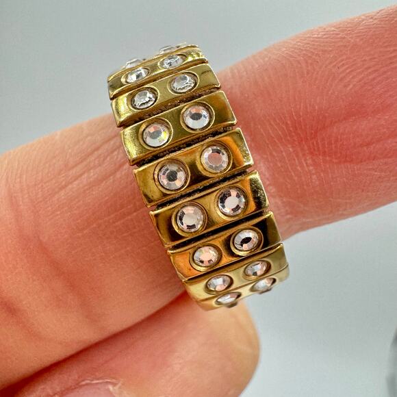 Swarovski Crystal Expansion Stretch Ring Gold Tone Swan Signed Expandable - Picture 3 of 13